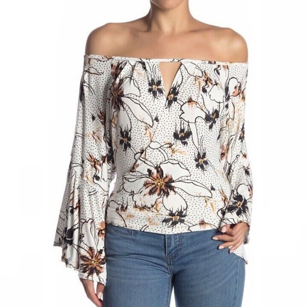 Free People Last Time Ivory Floral Drape Keyhole Bell Sleeve Top